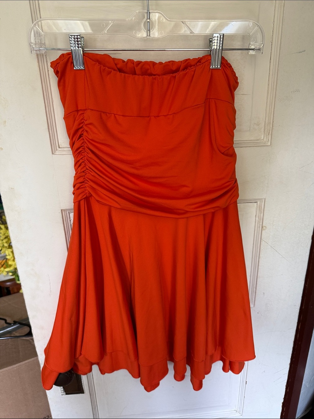 Strapless Orange Ruched Fit & Flare Dress
